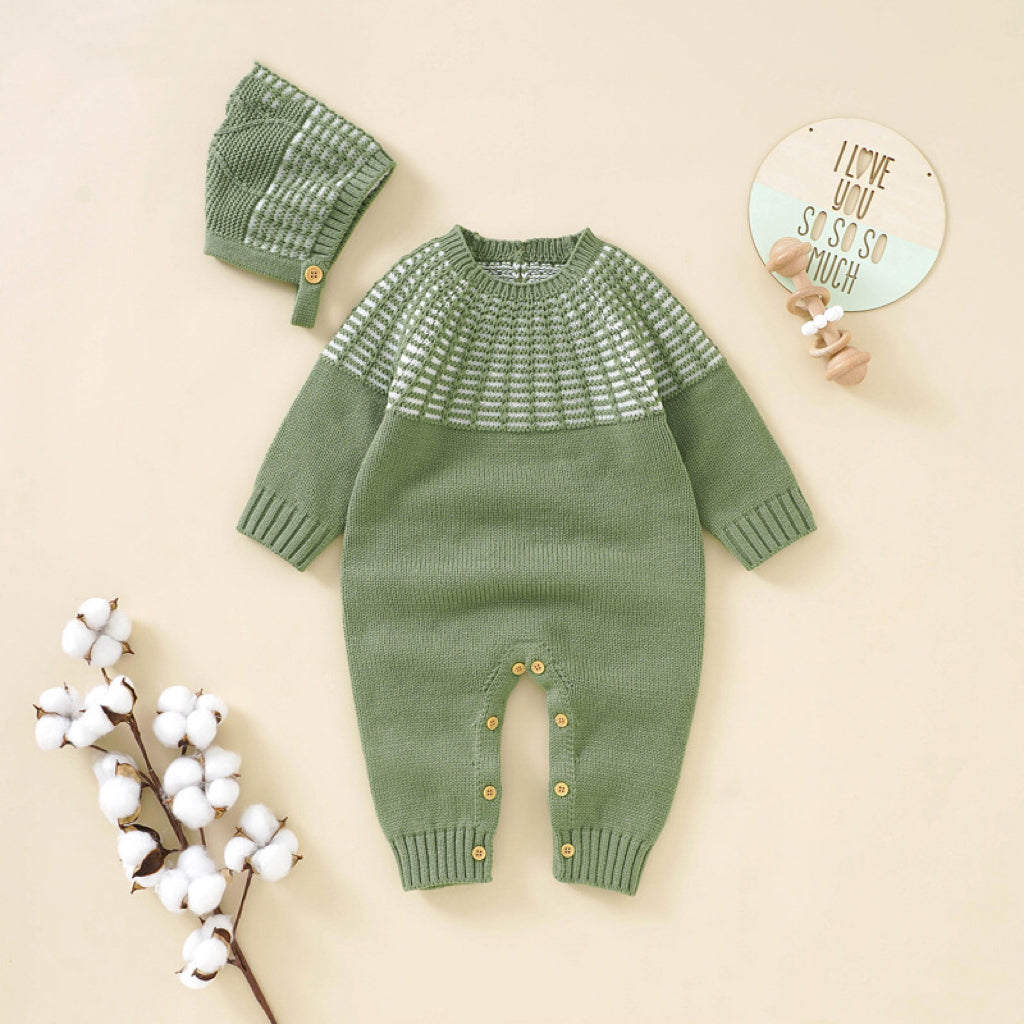 Baby Solid Color Vintage Style Embroidered Design Long Sleeve Knitted Jumpsuit My Kids-USA