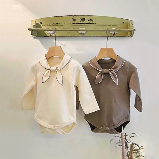 Baby Bow Tie Design Long Sleeve Solid Color Cute Bodysuits