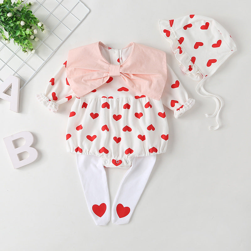 Baby Girl Heart Pattern Big Bow Tie Patched Design Triangle Onesies My Kids-USA