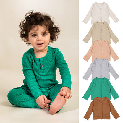 Baby Girl Solid Color Modal Cotton Pit Strip V-Neck Cardigan My Kids-USA