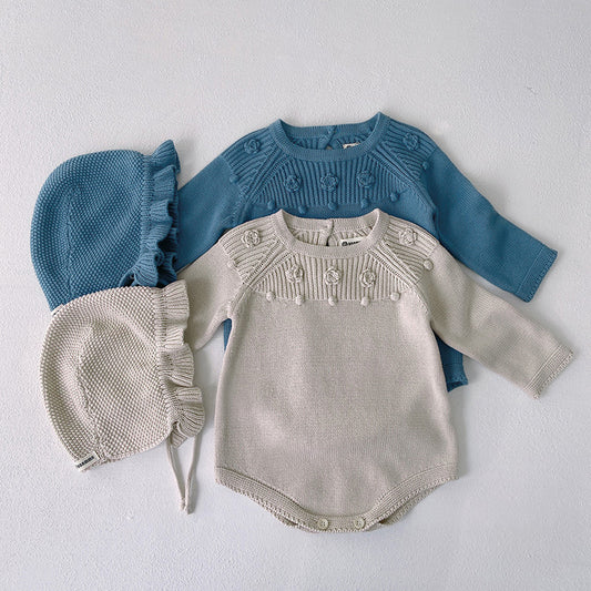 Baby Solid Color Flower Patched Design Knit Long Sleeve Onesies