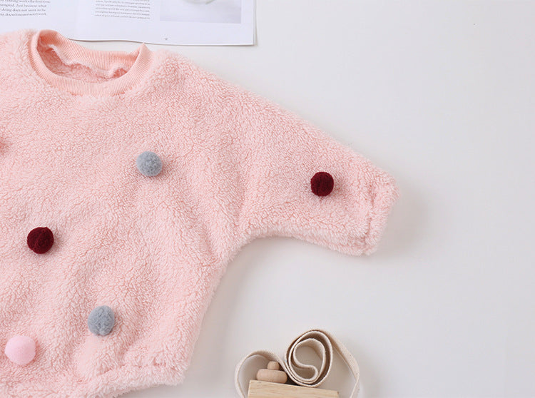 Baby Girl Solid Color Furball Patched Design Coral Fleece Pullover Onesies My Kids-USA