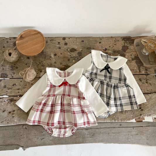 Baby Girl Plaid Doll Collar Long-Sleeved Romper Dress