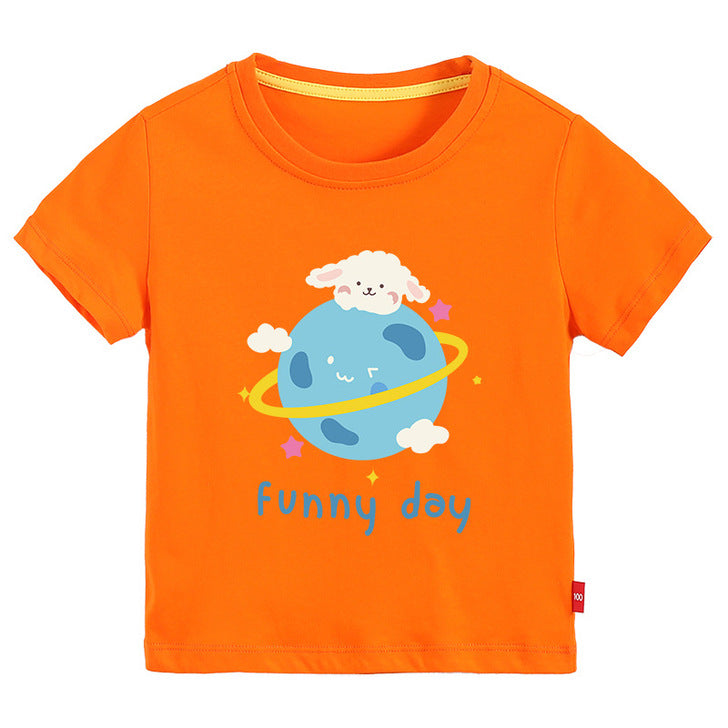 Baby Cartoon Printed Pattern Short-Sleeved Round Collar T-Shirt In Summer Outfit Wearing