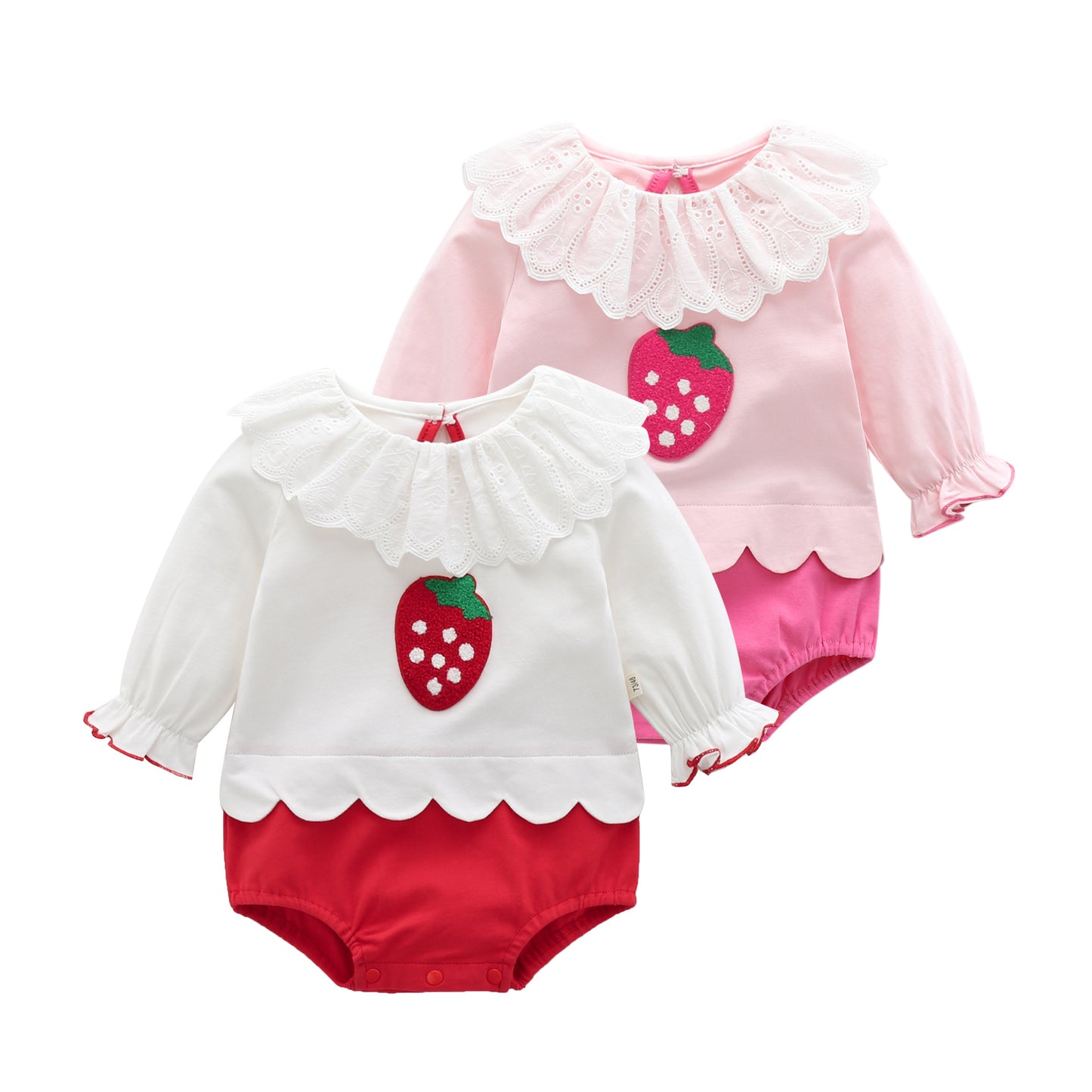 Baby Girl 1pcs Strawberry Pattern Mesh Ruffle Neck Patchwork Onesies Bodysuit My Kids-USA