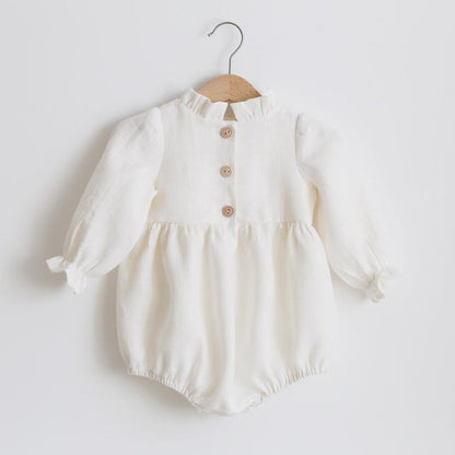 Baby Girl Solid Color Lace Design Long Sleeves Linen Cotton Bodysuit My Kids-USA