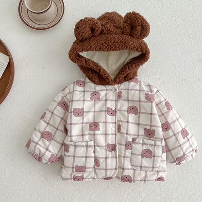 Baby Cute Bear Print Pattern Patchwork Hooded Padded Jacket My Kids-USA