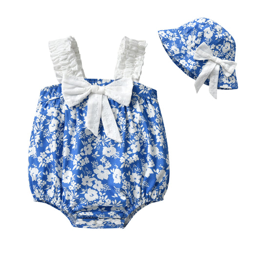 Baby Girls Blue And White Porcelain Print Pattern Combo Hat In Summer