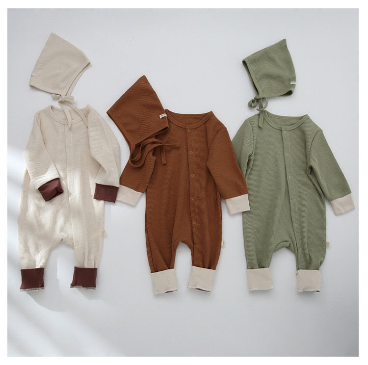 Baby Solid Color Waffle Graphic Full Button Front Design Breathable Jumpsuit & Hat My Kids-USA