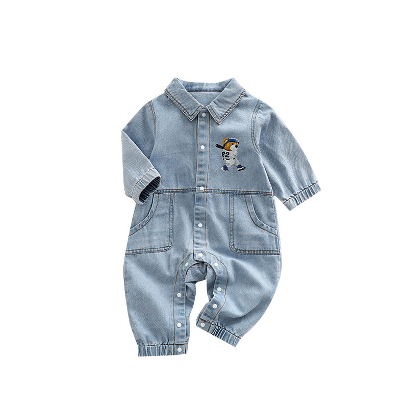 Baby Boy Bear Print Pattern Full Button Design Denim Romper My Kids-USA