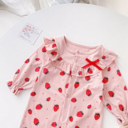 Baby Girl Allover Strawberries Pattern Ruffle Design Button Front Romper My Kids-USA