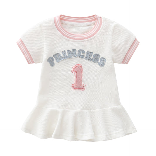 Baby Girl 1pcs Logo Graphic Graphic Side & Neck Striped Design Ruffle Hem Baseball Dress My Kids-USA