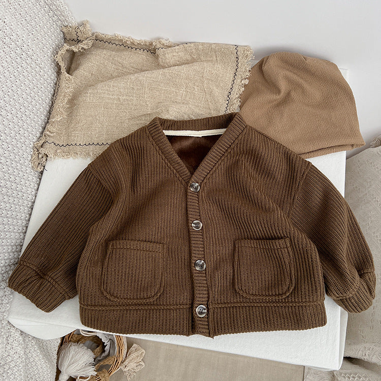 Baby Boy And Girl Solid Color Single Breasted Design V-Neck Thermal Autumn Jacket My Kids-USA