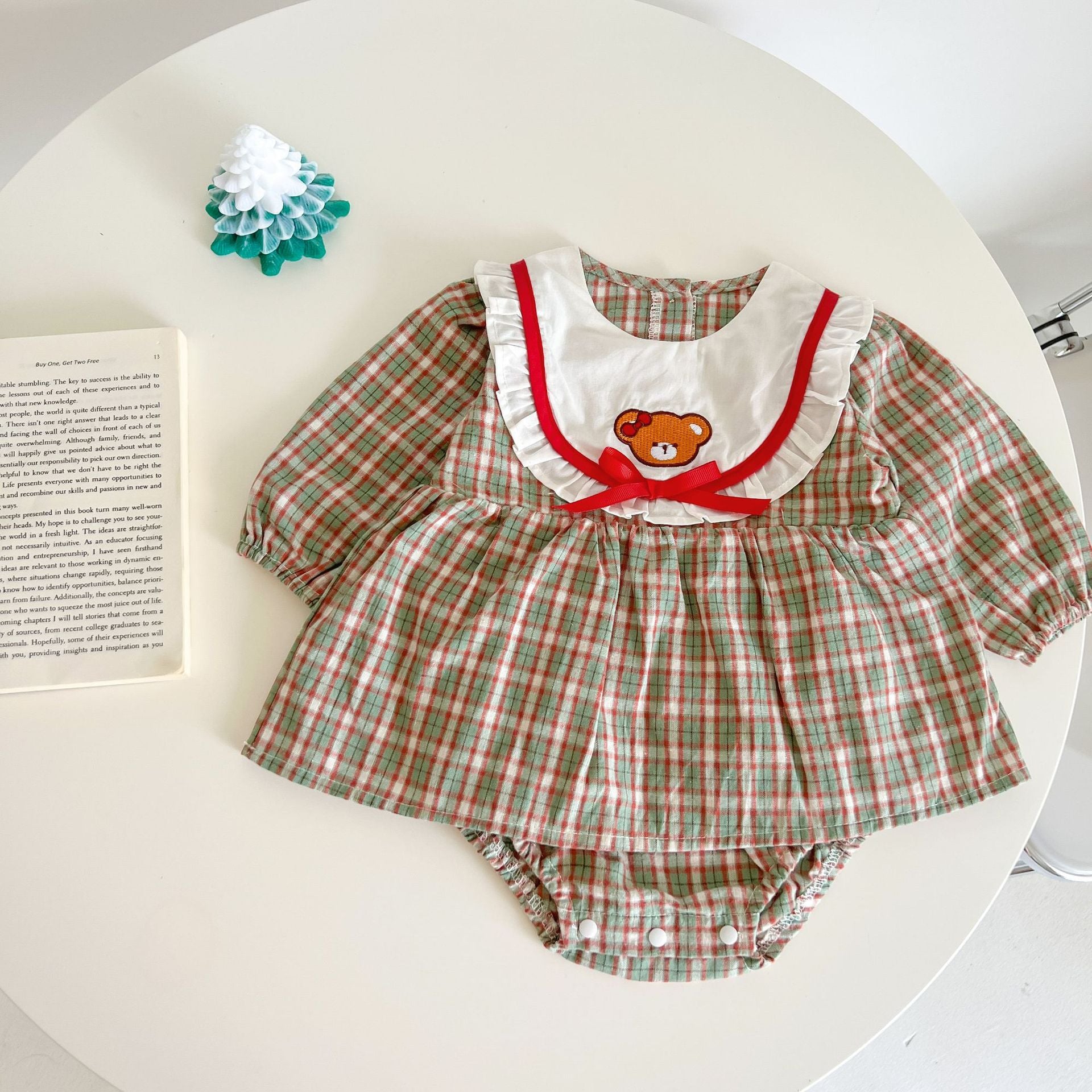 Baby Girl Plaid Pattern Cartoon Bear Embroidered Design Onesies Dress My Kids-USA