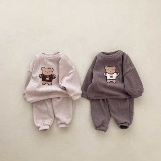 Baby Cartoon Bear Embroidered Pattern Waffle Fabric Hoodies Sets
