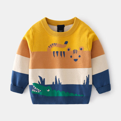 Baby Boy Cartoon Animal Pattern Colorful Striped Design Sweater