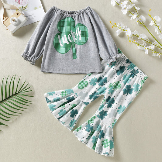 Baby Girl 1pcs 4-Leaves Grass Graphic Long Sleeve Tops Combo Allover Grass Print Ruffle Hem Pants Sets My Kids-USA