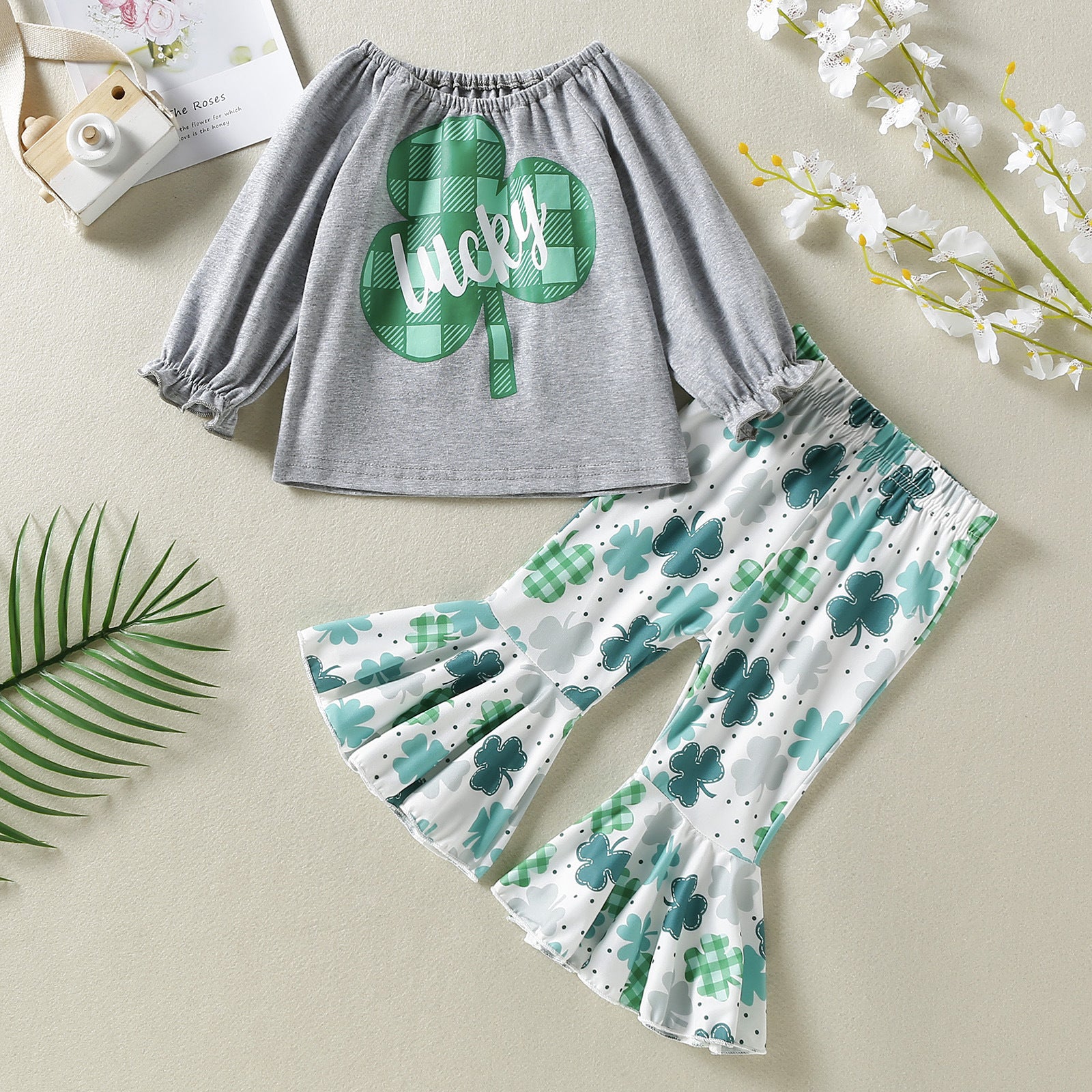Baby Girl 4-Leaves Grass Graphic Long Sleeve Tops Combo Allover Grass Print Ruffle Hem Pants Sets, MyKids-USA®, Baby & Toddler Outfits, MyKids-USA - Size/Age - 80 (9-12M) - Color - Green -  -  - JM2205052215-A