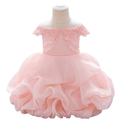 Baby Girl Solid Color One Shoulder Design Tutu Formal Dress Baptism Birthday Dress My Kids-USA