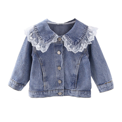 Baby Girl Lace Mesh Patches Doll Neck Button Front Design Sweet Style Denim Coat My Kids-USA