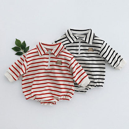 Baby Striped & Cartoon Patched Graphic Polo Neck Long Sleeves Bodysuit Onesies My Kids-USA