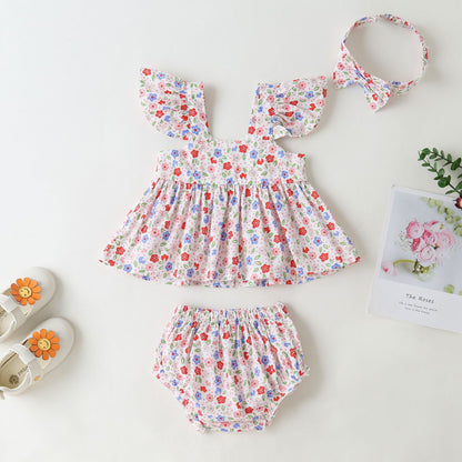 Baby Girl Little Floral Print Sleeveless Dress Combo Short Pants In Sets My Kids-USA
