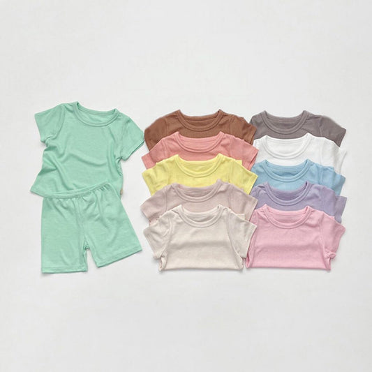 Kids Solid Color Skin-Friendly Fabric Round Collar Short-Sleeved Top Combo Shorts Sets Pajamas