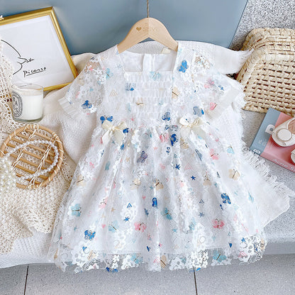 Baby Girl Butterfly Print Lace Patchwork Design Square-Collar Dress My Kids-USA