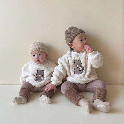 Baby Bear Embroidered Pattern Plush Hoodies Combo Pants  Pieces Sets