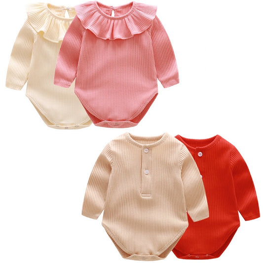 Baby Solid Color Ruffle & Buttoned Design Long-Sleeved O-Neck Onesies