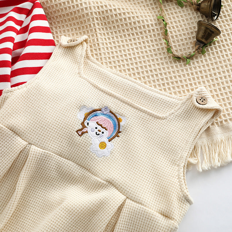 Baby Striped Pattern Shirt Combo Cartoon Graphic Corduroy Fabric Strap Onesies Sets My Kids-USA