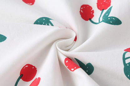 Baby Girl Cherry Print Pattern Mesh Patchwork Design Round-Collar Short-Sleeved Summer Dress Onesies