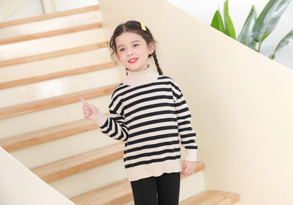 Kids Classic Pattern Black & Khaki Strips High Neck Pullover Knitwear