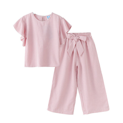 Girl Striped Pattern Tops Combo Bow Belt Pants Summer 1-Pieces Sets My Kids-USA